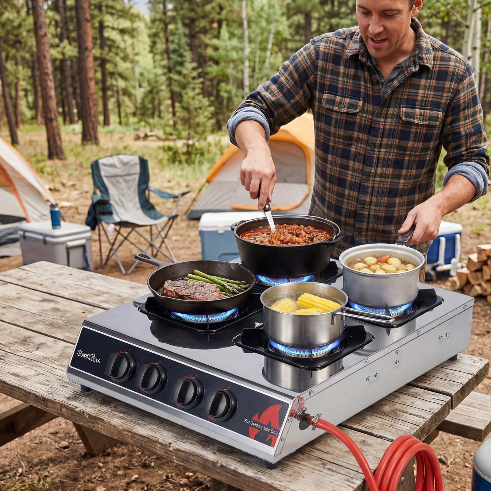 SIXDAY 4 Burner Propane Gas Stove, 40,000 BTU Portable Outdoor Cooktop with Stainless Steel Surface, Enamel Pan Supports, Electronic Ignition, Regulator & Hose for Camping, BBQ & Outdoor Cooking