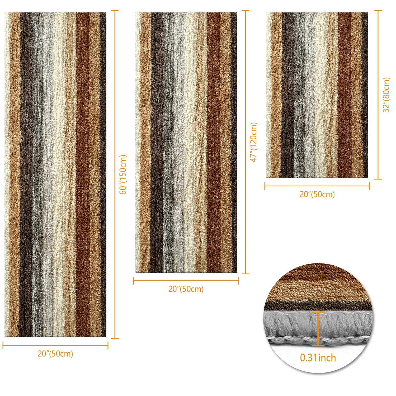 3-Piece Farmhouse Kitchen Rug Set, Washable Anti Slip Striped Floor Mats in 3 Sizes, Stain Resistant Decor Rugs for Kitchen Hallway Bathroom Home Christmas Decor