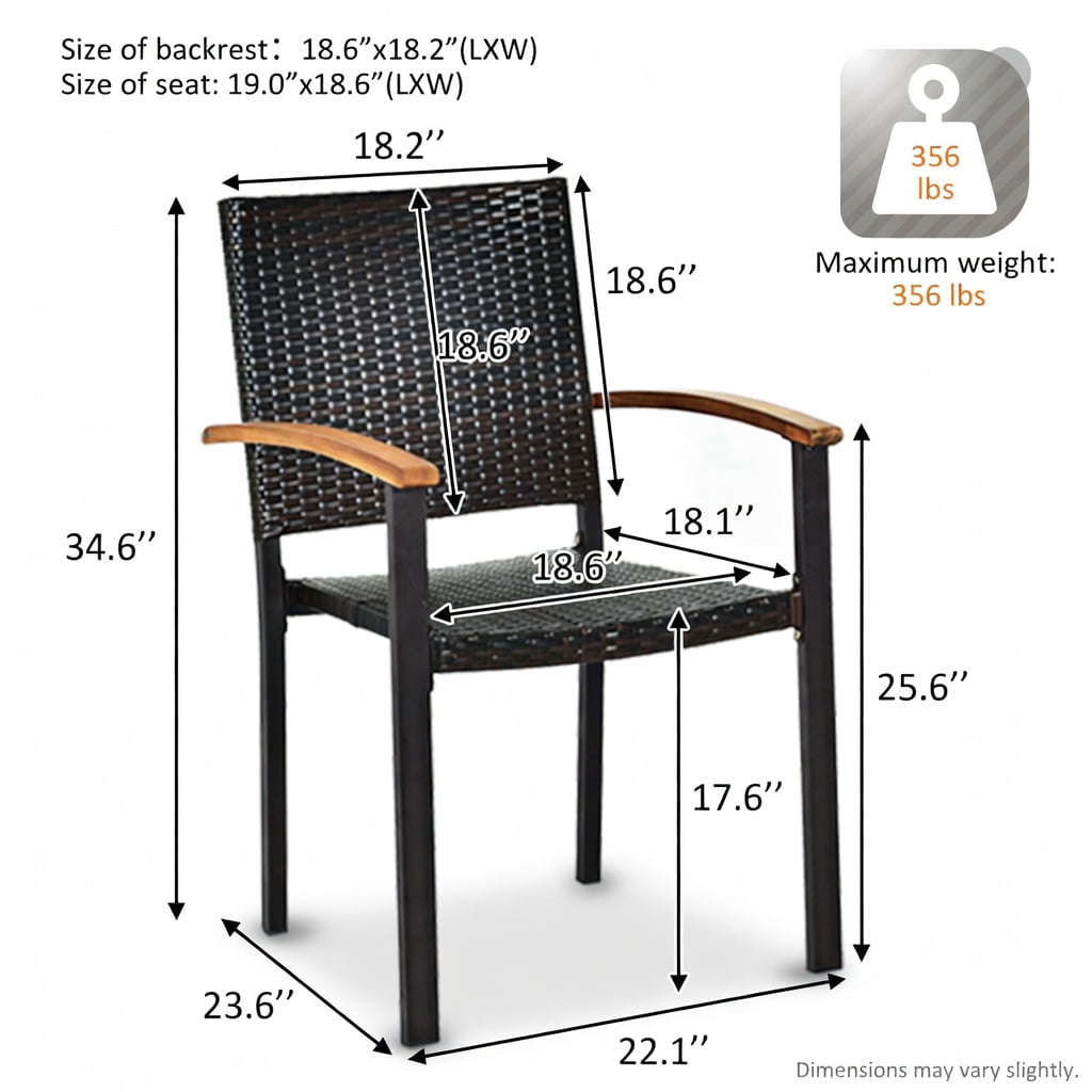 Hommoo Set of 4 Stackable Outdoor Patio Dining Chairs, PE Rattan Wicker with Powder-Coated Steel Frame & Acacia Wood Armrests, Rust-Resistant Backyard Seating, Black