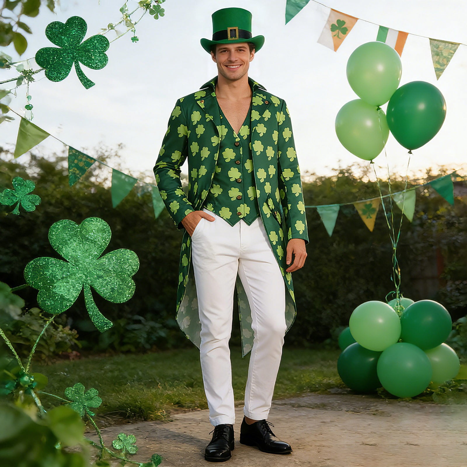 CONZONE St. Patrick Day Mens Elf Dress Up Green Clover Tailcoat And Hat Outfit Funny Party Stage Performance Clothes Set