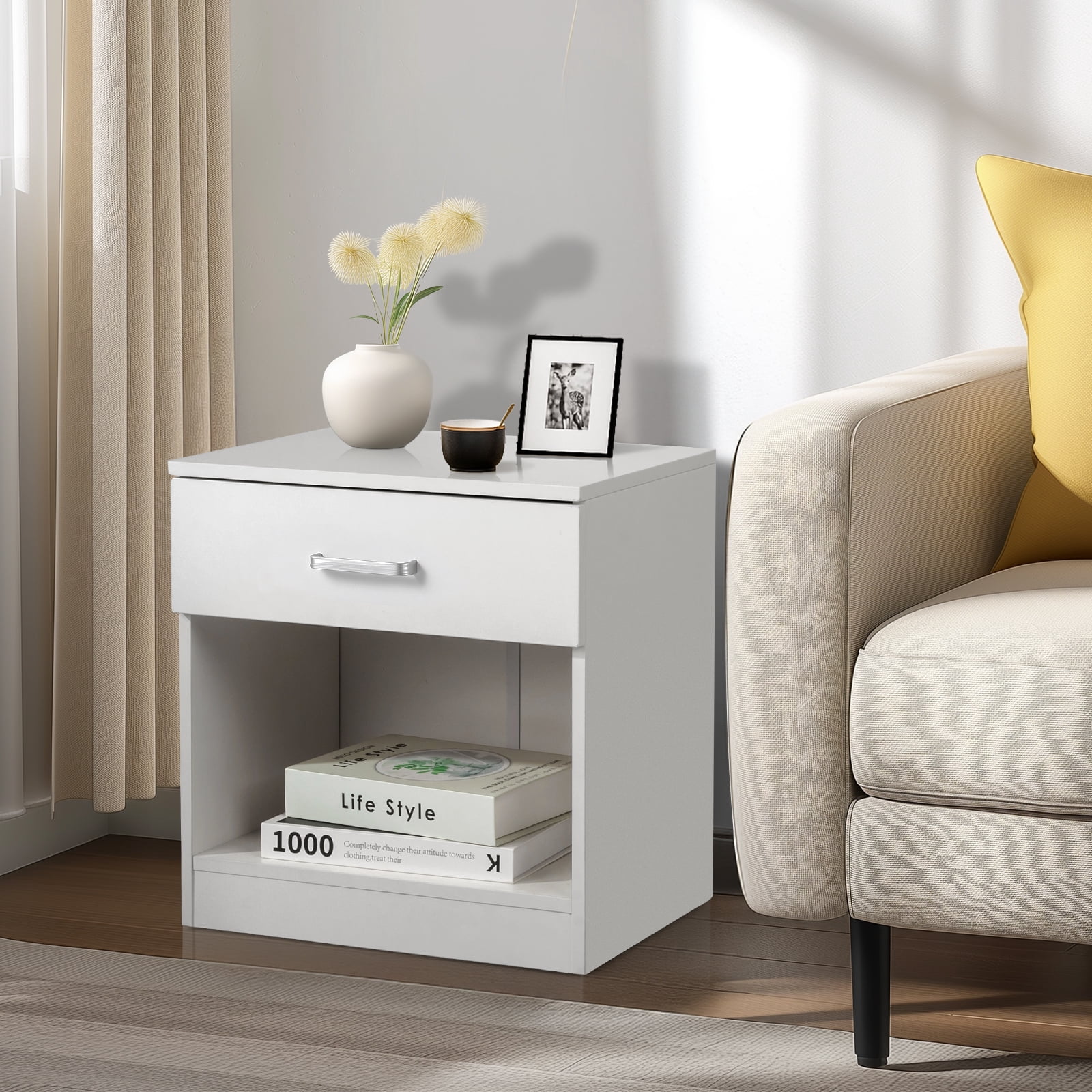 Zimtown White Set Of 2 Wood Elegant Night Stand W/1 Drawer Storage Beside End Table