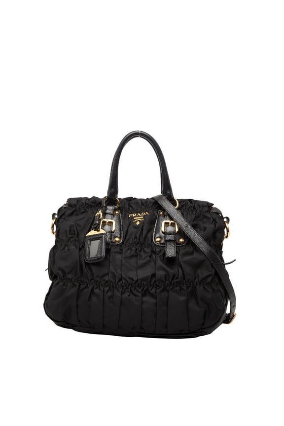 Pre-Owned Prada Gathered Logo Tote Bag/Shoulder Bag, 2-Way, BN2346, Black Nylon and Leather,...