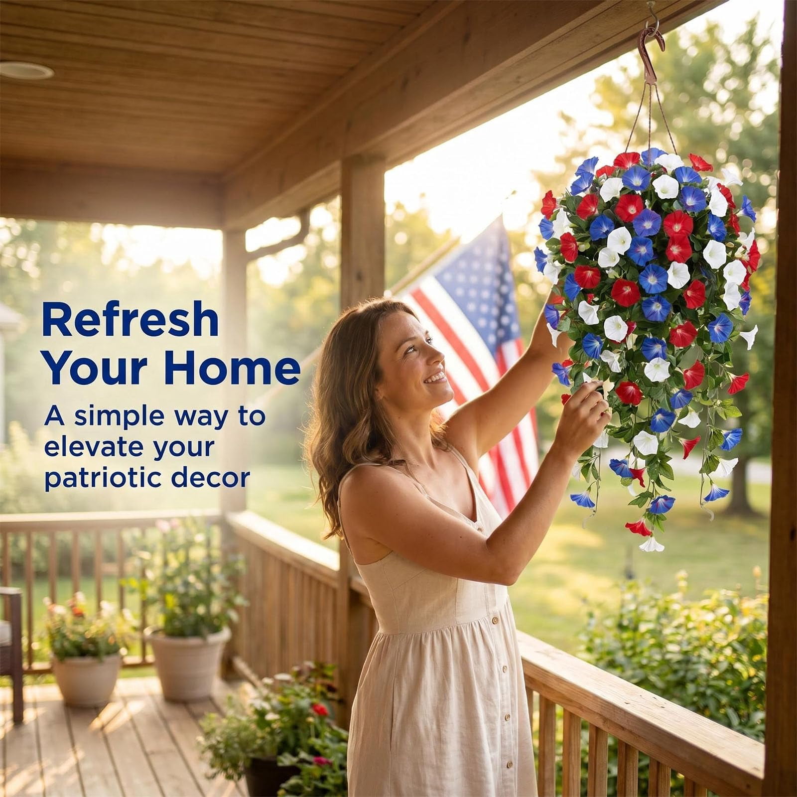 Red White and Blue Hanging Flowers, Patriotic Hanging Flower Baskets – Artificial Plants for Anniversary Porch Decor, Veterans Memorial Day Patio Home