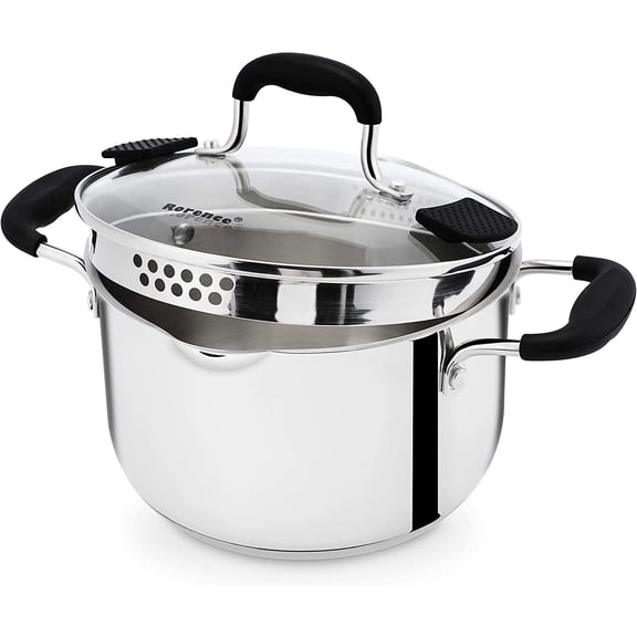 Rorence 3.7 Quart Stainless Steel Induction Casserole with Glass Lid and Straining Holes, Tri-Ply Base Stock Pot for Pasta, Vegetable and Soup Cooking