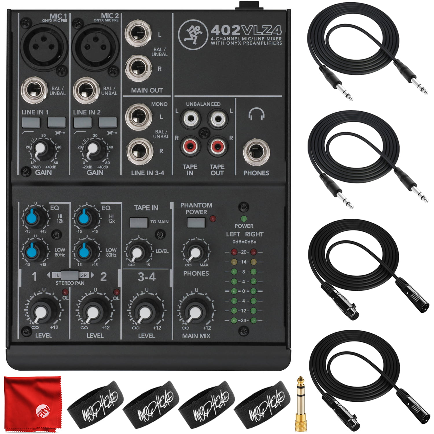 sagsøger Blæse Øl Mackie 402VLZ4 4-Channel Ultra-Compact Mixer Bundle with 2x Mophead 10-Foot  TRS Cable, 2x 10-Foot XLR Cable, 1/4" to 3.5mm Adapter, 4x Cable Ties and  Microfiber Cloth - Walmart.com