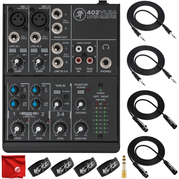 Mackie 402VLZ4 4-Channel Ultra-Compact Mixer Bundle with 2x Mophead 10-Foot TRS Cable, 2x 10-Foot XLR Cable, 1/4" to 3.5mm Adapter, 4x Cable Ties and Microfiber Cloth