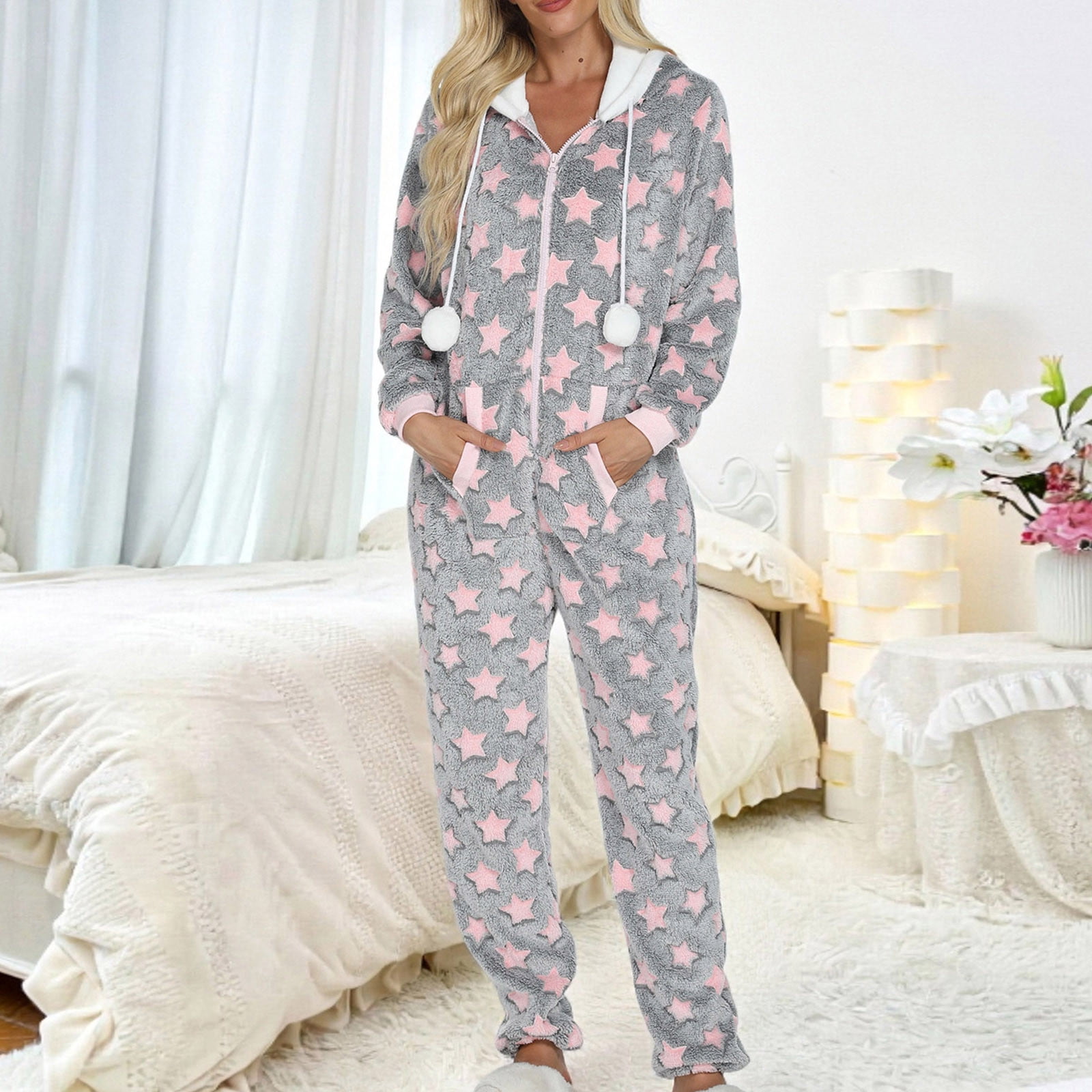 Womens Fleece Onesies Pajamas Jumpsuit Warm Sherpa Romper Sleepwear One Piece Zipper Hooded Star Graphic Loungewear (XL, Gray)