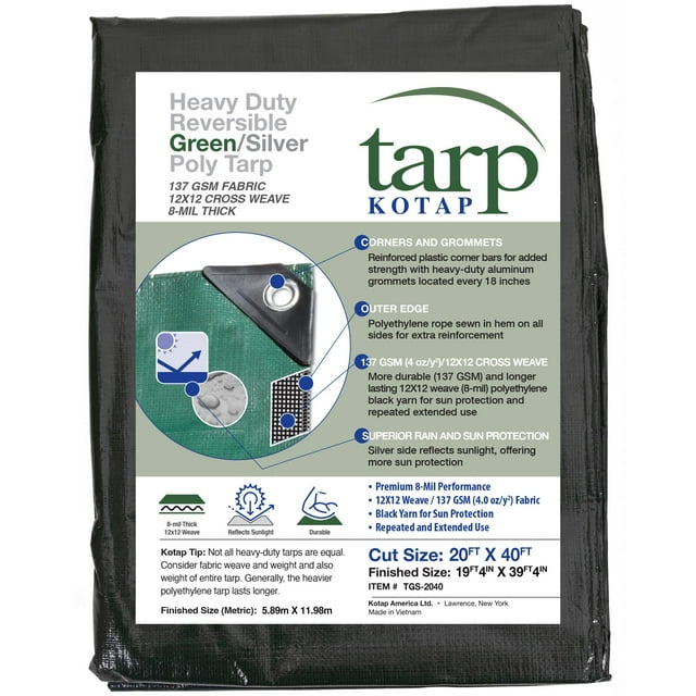 Kotap 20 x 40 Ft. Heavy-Duty Protection/Coverage Tarp, 8-mil, Reversible, Multi-Use, Waterproof, Green-Silver, 1-Pack (TGS-2040)