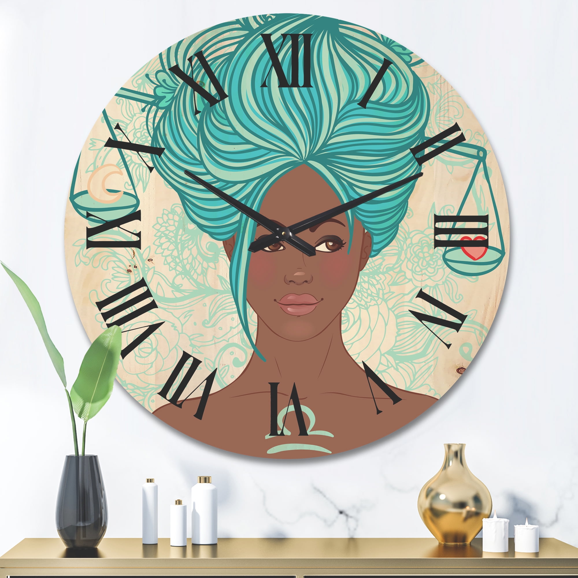 Designart 'Portrait of African American Woman With Blue Hair I' Modern Wood Wall Clock