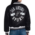 thumbnail image 3 of Women's Starter  Black San Antonio Spurs Printed Logo Cropped Satin Varsity Full-Snap Jacket, 3 of 3