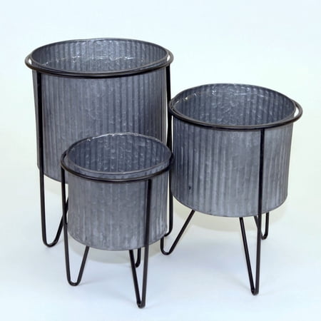Set Of 3 Gray Metal Containers On Metal Stands Planters