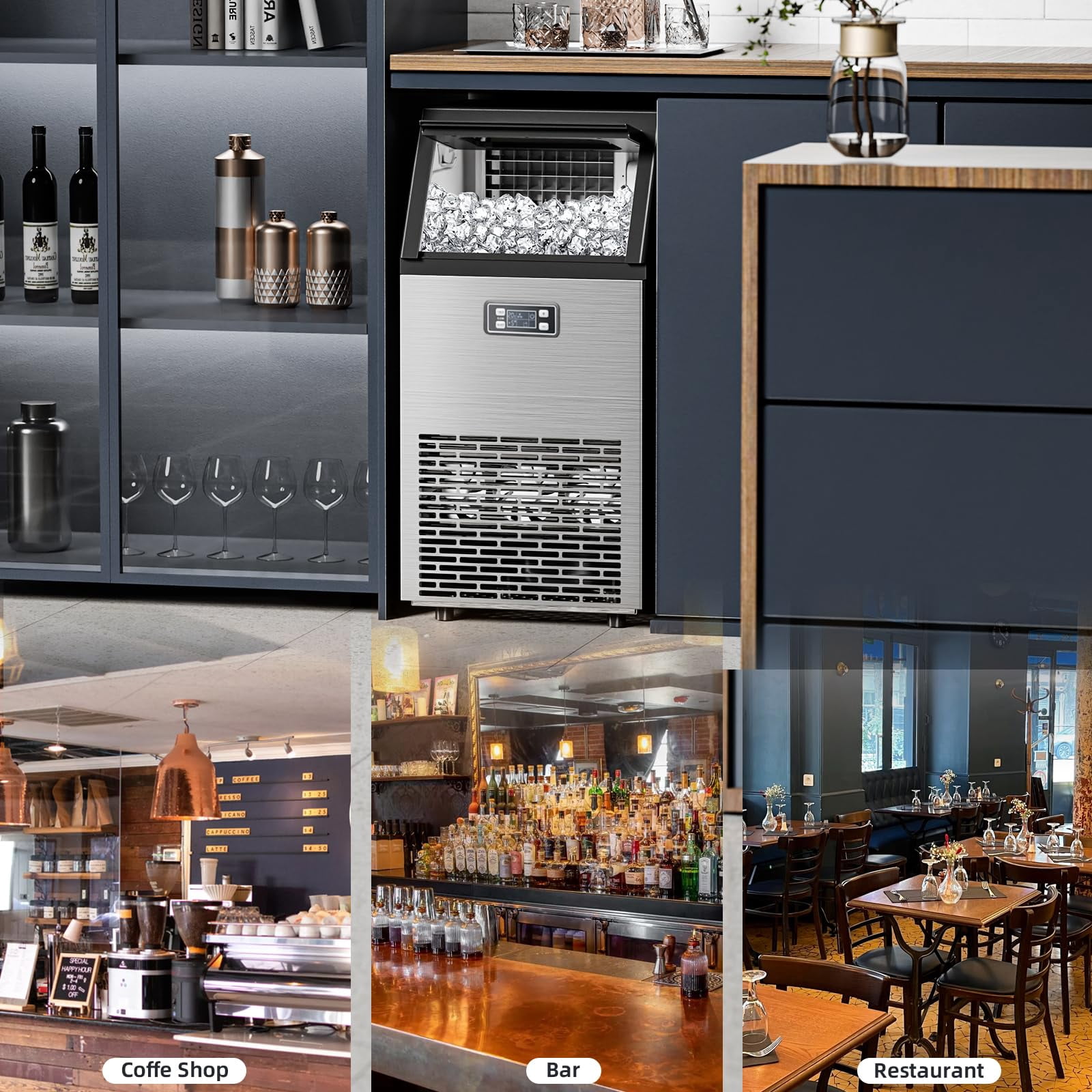 100Lbs/24H Commercial Ice Maker, 45 Cubes in 11 Mins, Stainless Steel, Auto Clean, Under Counter for Home/Bar Use， Auseo