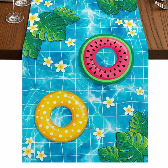 Summer Swimming Pool Burlap Cotton Table Runner 13x36 Inches Short, Floral Plumeria Leaves Blue Plaid Farmhouse Table Runners, Outdoor Dining Tablecloths Decor for Baby Shower/Party/Wedding