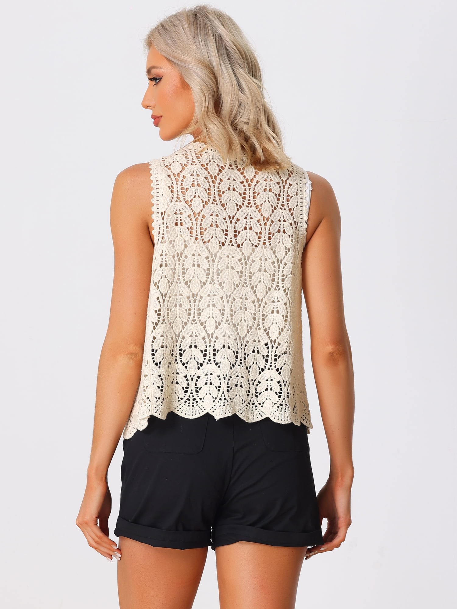 DARING DIVA Women's Floral Crochet Hollow Out Open Front Vest S Beige