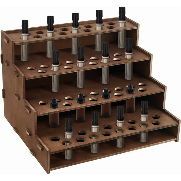 68 Holes Wooden Essential Oil Organizer Holder 4-Tier Tabletop Essential Oil Display Stand Cosmetic Storage Organizer Vintage Wood Oil Perfume Rack for DIY 3 4 5ml Rollers Coconut Brown