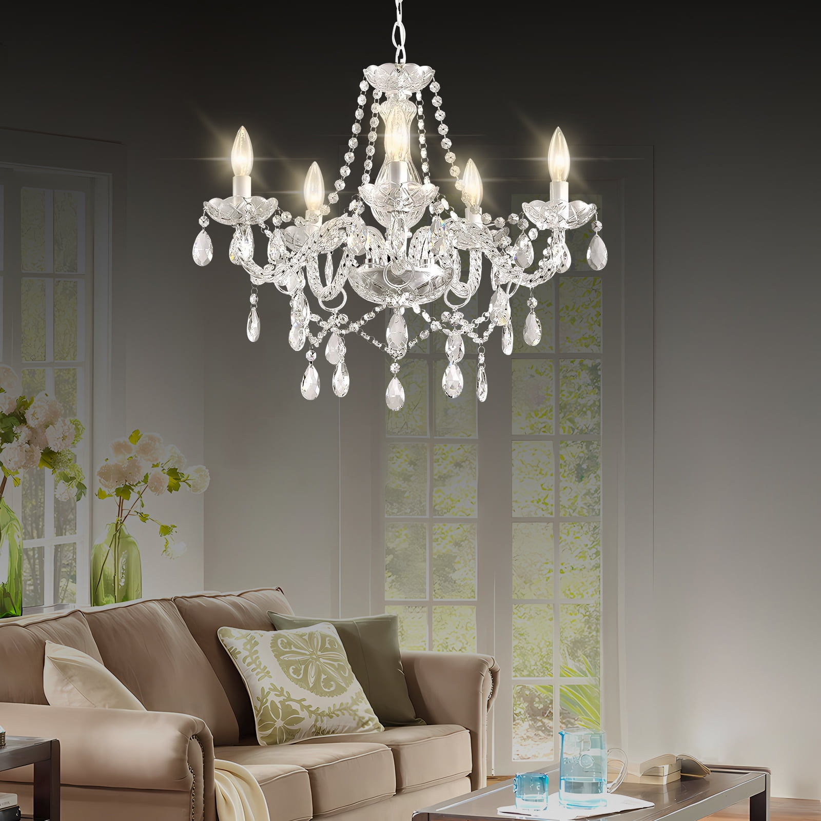 DIMMABLE Plug-in Chandelier 5 Light Crystal, White Hanging Pendant Light Fixture K9 Crystals Beads