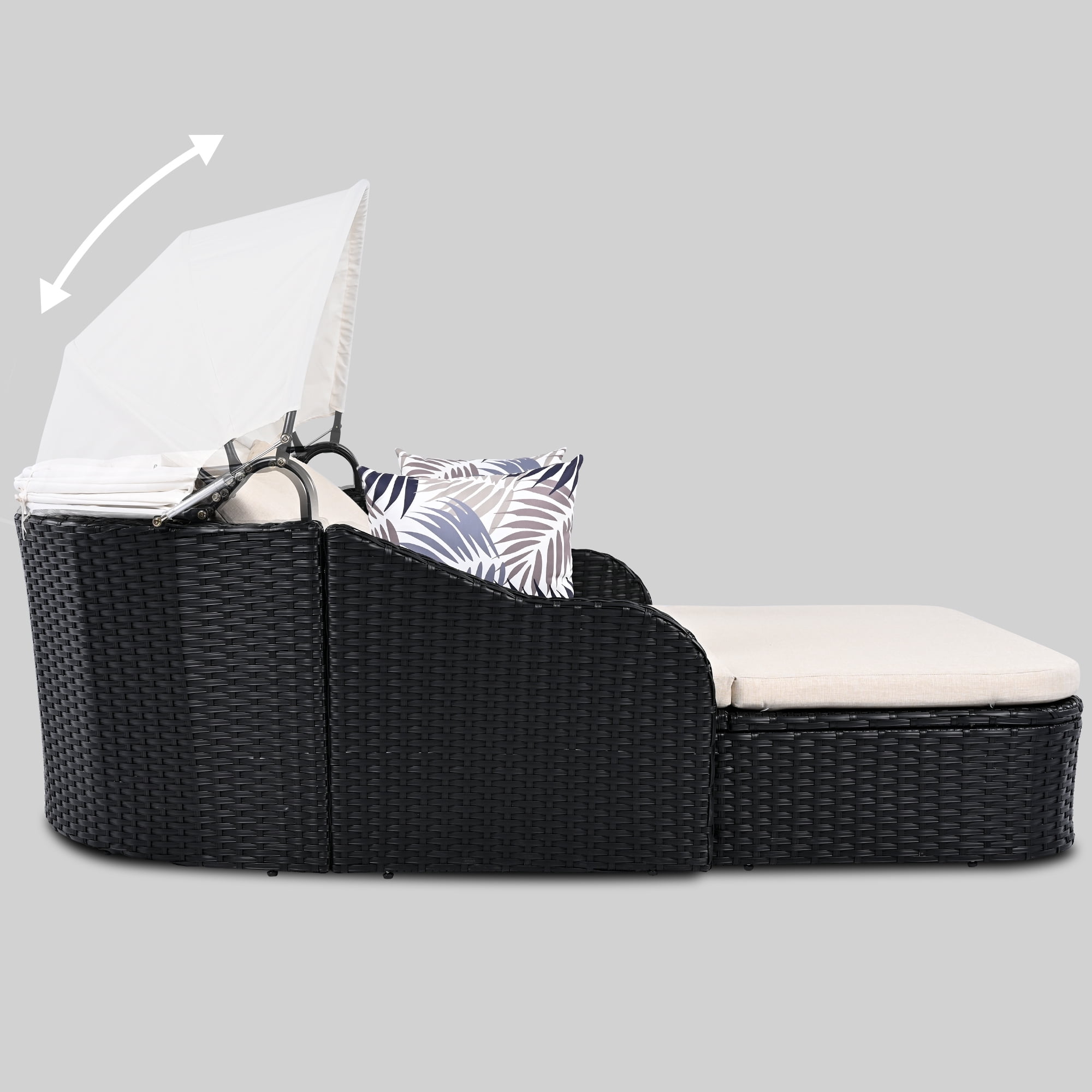 80" Outdoor Sunbed with Adjustable Canopy,Sectional Rattan Round Bed with Double lounge,Beige+Black