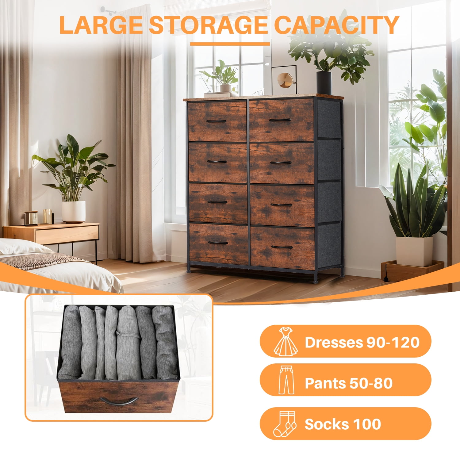 Simenmax 8 Drawer Dresser for Bedroom Fabric Dresser Chest of Closets Storage Units Organizer Tower Wooden Top Shelf for Bedroom, Hallway, Entryway, Closet,Brown