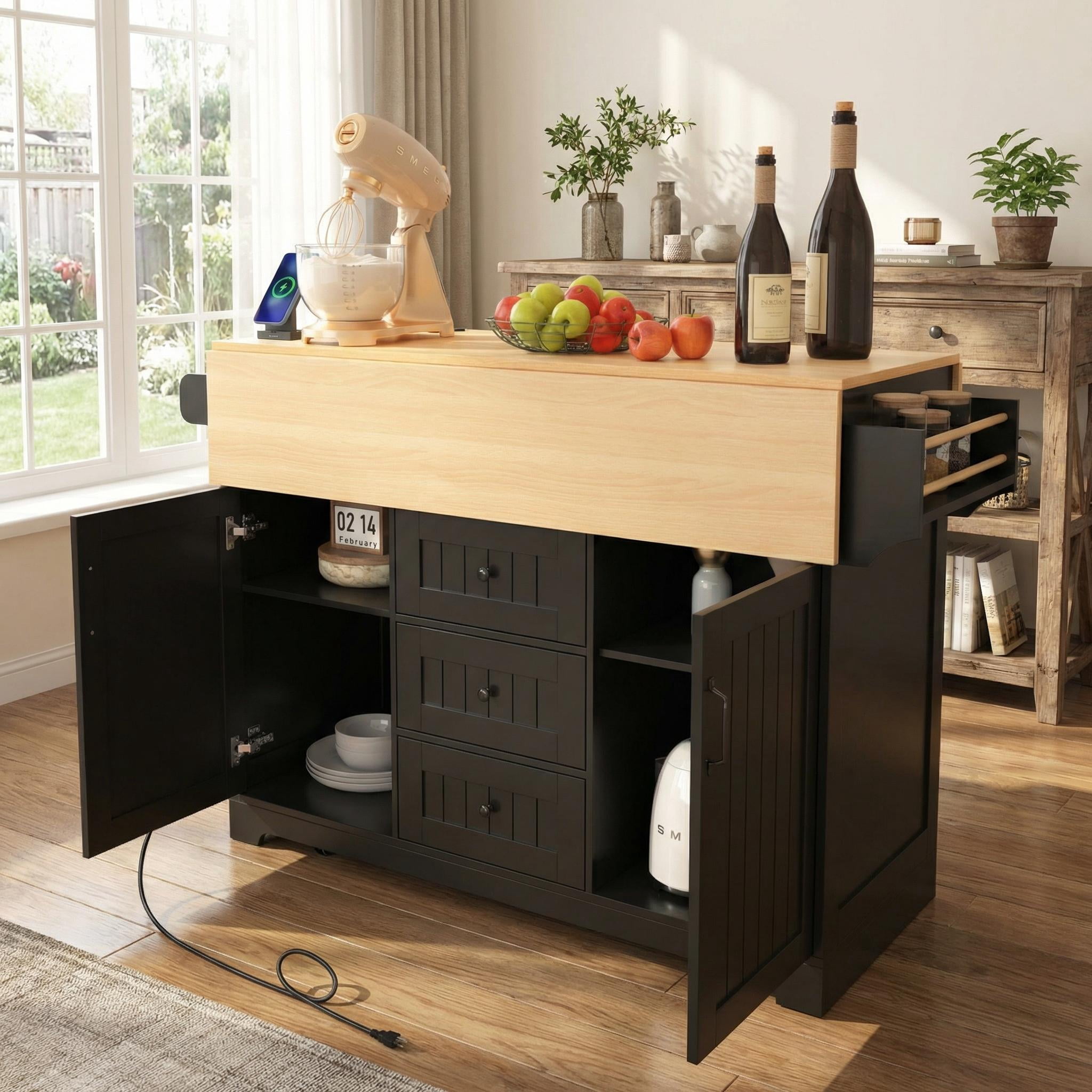 Homy Casa 55.7" Folding Kitchen Island with Power Outlet, Dual Drop Leaves and Storage Drawers