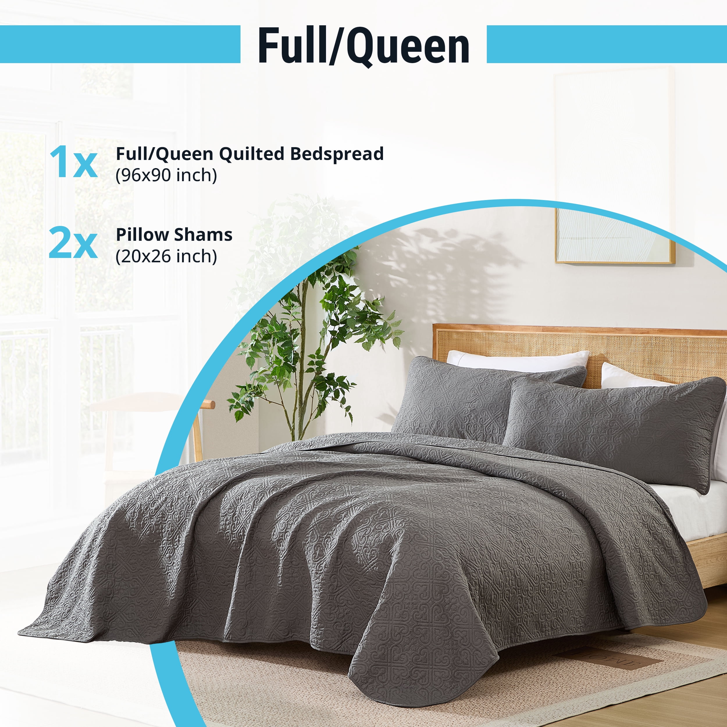 THD Loren - 3 Piece Full Queen Size Quilt Set, Lightweight Queen Bedspread Coverlet Set (Full/Queen, Charcoal Grey)