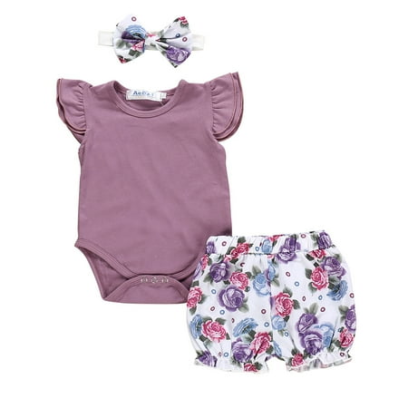 

Kids Girls Summer Solid Flying Sleeve Romper Printed Shorts Two-piece Set with Hair Band
