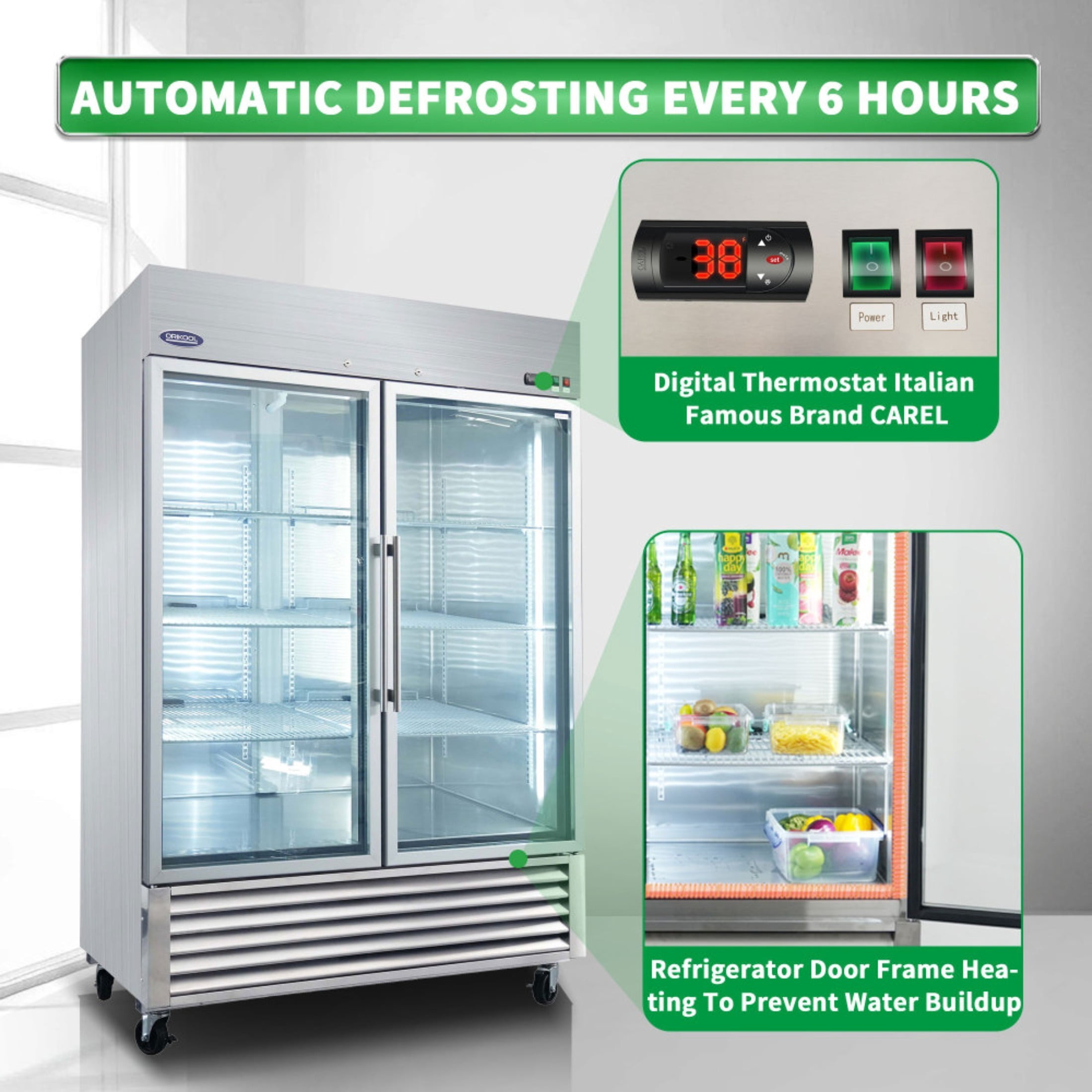 54" Commercial Display Refrigerator Swing Glass Door 49 Cu.ft Stainless Steel Reach-in Merchandiser Refrigerators with LED Lighting