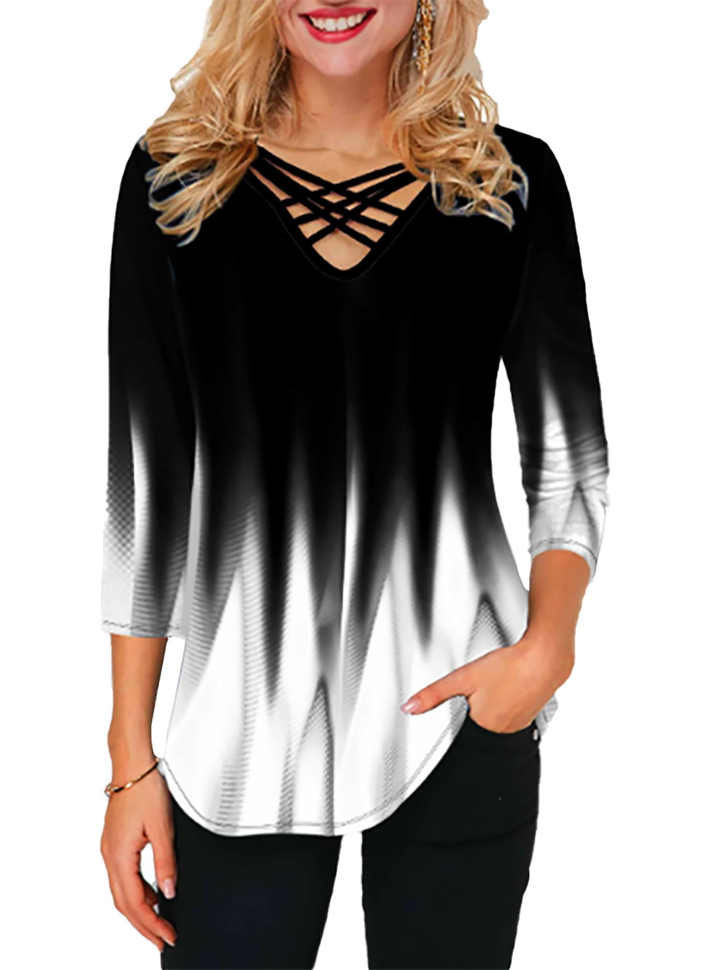 DYMADE Women Blouse 3/4 Sleeve V Neck Gradient Print Tops T Shirt ...