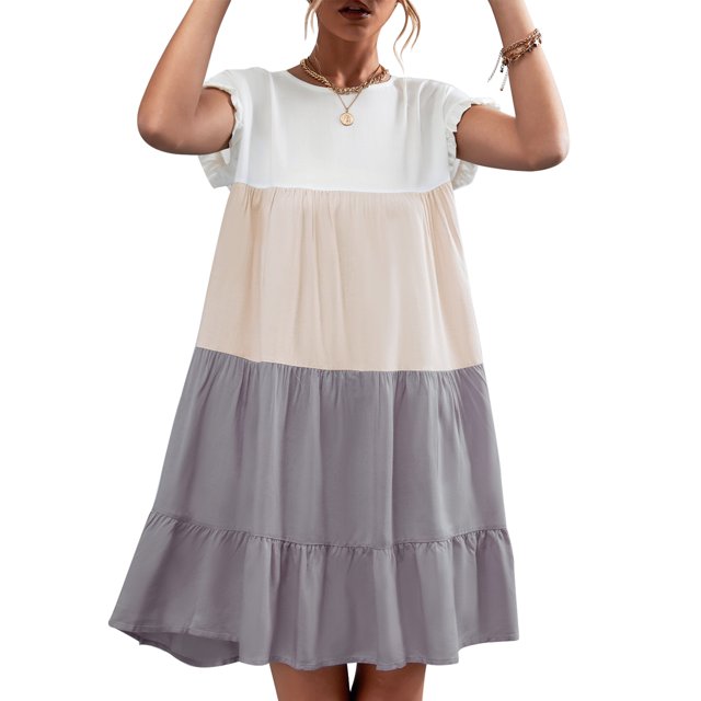 Women Casual Dress,Contrast Color Splicing Dress Contrast Color Dress Round Neck Dress Built for Precision