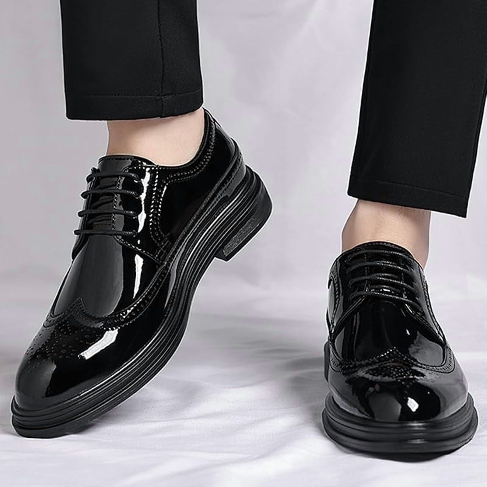 Men\'s Leather Pointed Toe Brogue Oxfords Lightweight Lace-Up Wingtip Block Heel Men main image 2