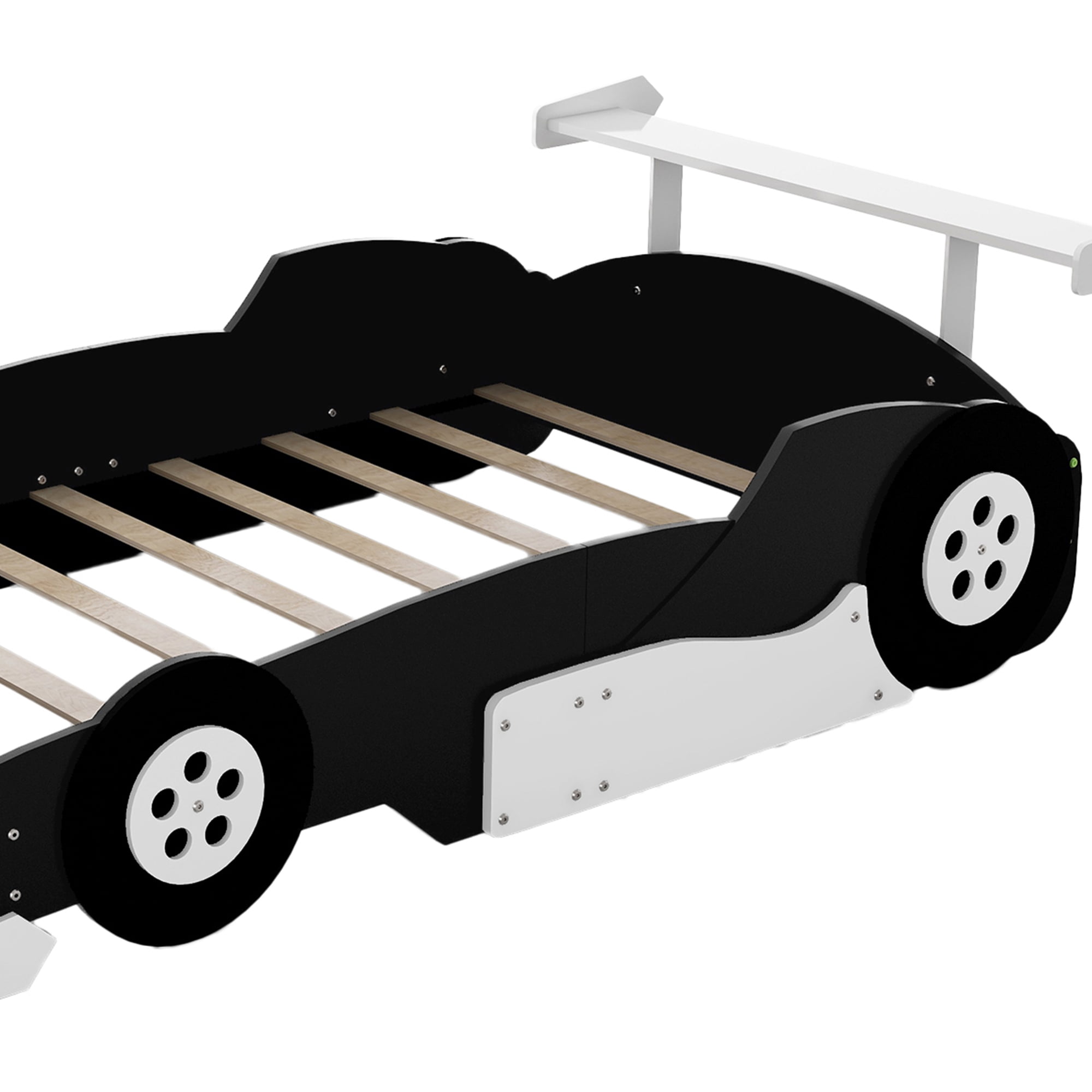 Kumix Full Size Race Car-Shaped Platform Bed with Shelves and Wheels, Wooden Platform Bed for Boys and Girls, Car-Shaped Floor Bed Frame for Bedroom, Full Size Floor Bed, Black