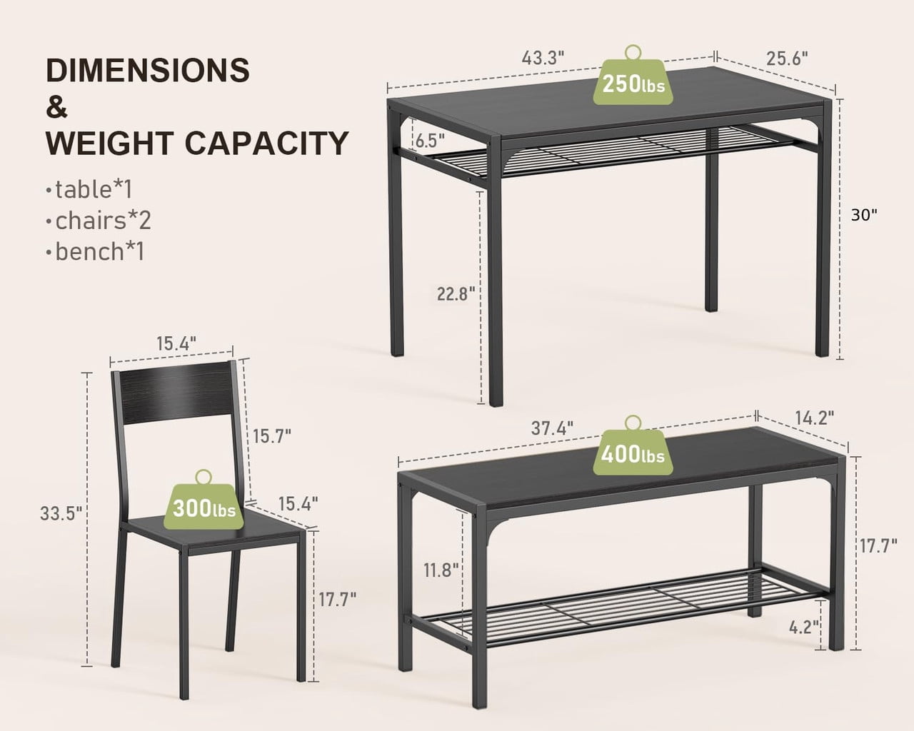4-Piece Dining Table Set for 4, Kitchen Table with 2 Chairs & Bench, Compact Furniture for Small Space & Apartment Black