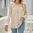 thumbnail image 2 of IROINNID Women's Long Sleeve V-Neck Shirts Cool Shirts for Women Casual Solid V-Neck Pleated Long Sleeve Loose T-shirt Top,Beige, 2 of 4