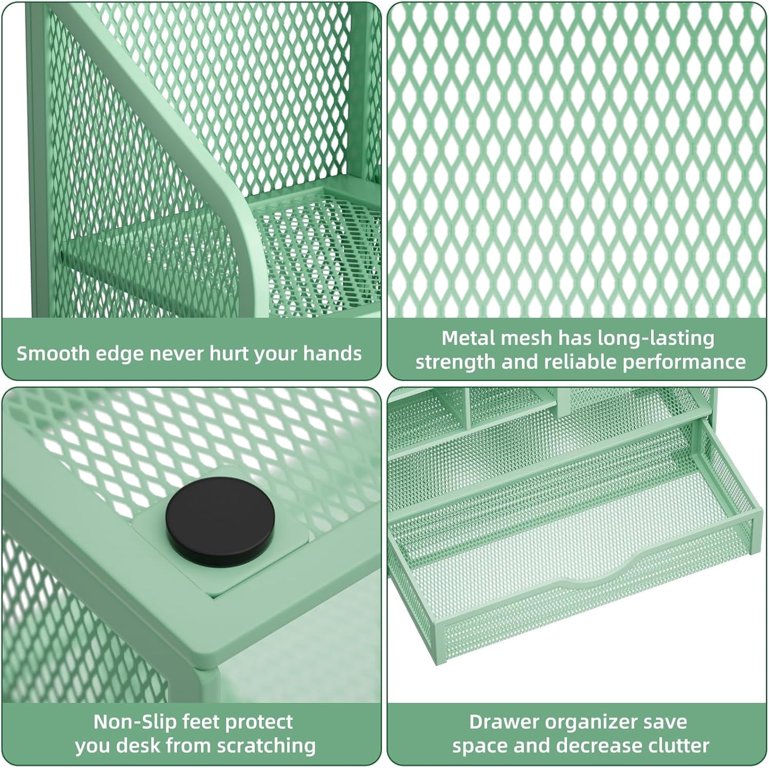 Mesh Pen Holder for Desk, Multi-Functional Pencil Organizer with Drawer, Desk Organizers and Accessories for Office Art Supplies (Green)