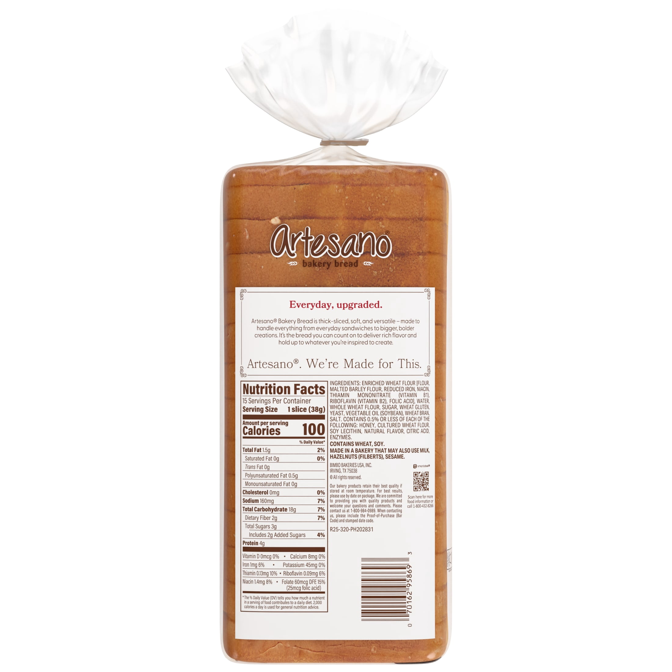 Artesano Golden Wheat Bakery Bread, 20 oz, Whole Wheat Pre-sliced Wheat Bread, Bag