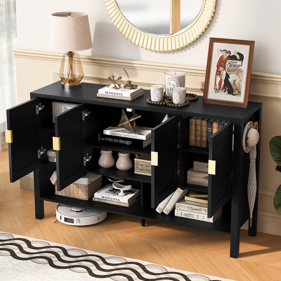 YIYADO Storage Buffet Cabinet, 55.1" Large Sideboard Storage Cabinet with Adjustable Shelves, 4 Doors, Modern Farmhouse Coffee Bar Cabinet, Black
