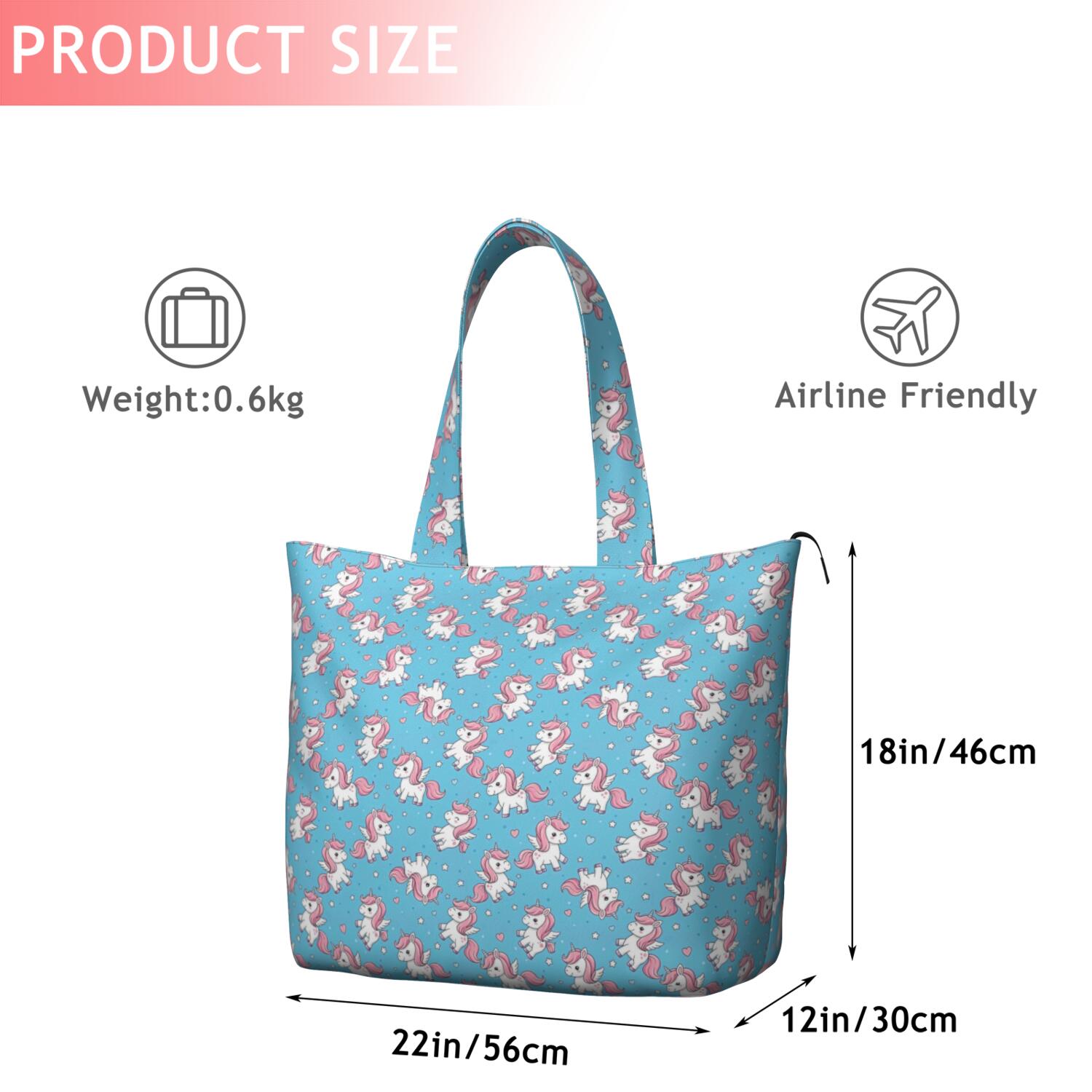 Blue Cartoon Unicorn Heart Pattern Travel Tote Bags for Women Carry On,Large Weekender Bags for Women Travel,Multi Functional Duffle Bag for Work,Shopping,Sports