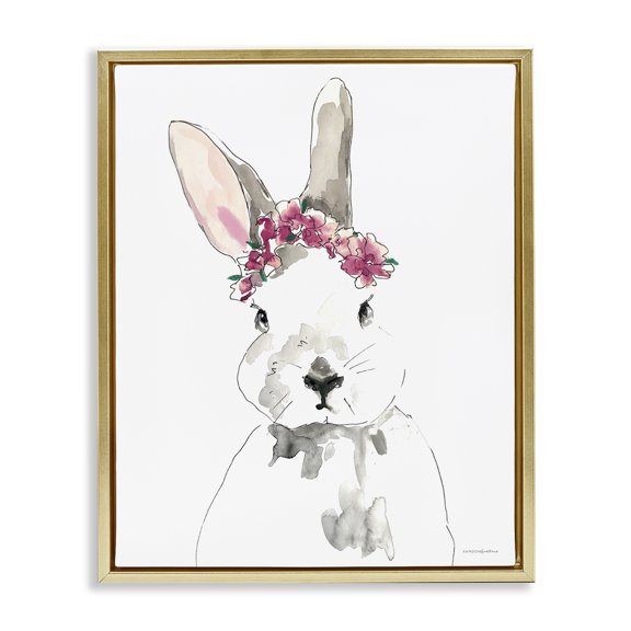 Stupell Industries Bohemian Bunny Pink Flower Doodle Gold Floating Frame Canvas Art, 17 x 21, by Kamdon Kreations