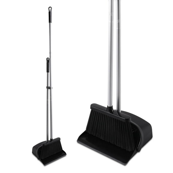Eyliden Lobby Dustpan Set with 52" Long Handle, Broom and Dustpan, Stand Up, Black
