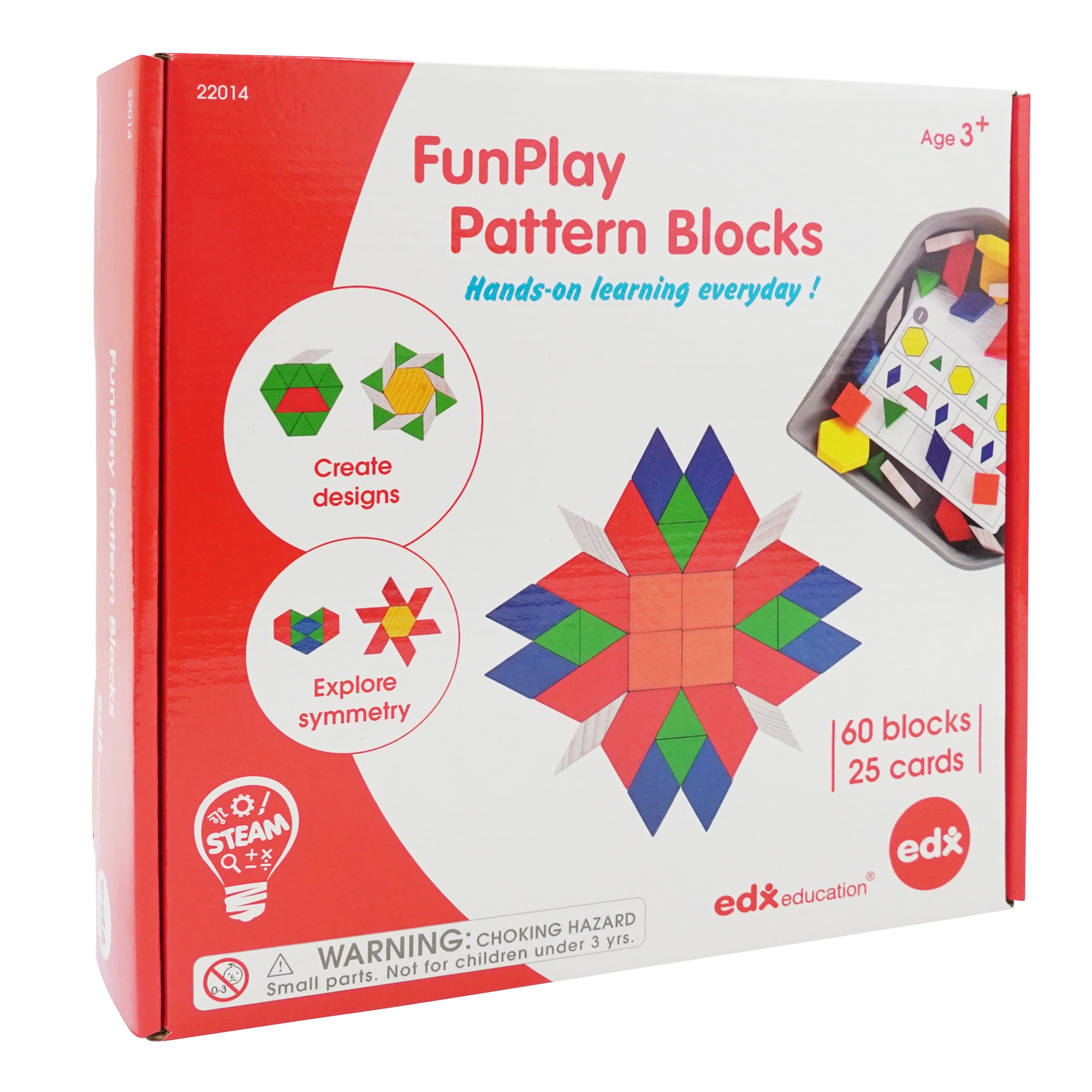 edxeducation FunPlay Pattern Blocks - Set of 60 Wooden Math Manipulatives + 50 Activities + Messy Tray