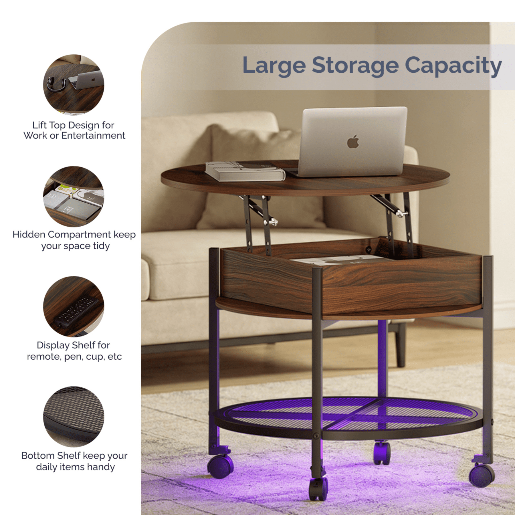 Ktaxon Mid-Century Coffe Table with Lift Top, 26.7" Round Coffee Table with RGB, Storage and Rolling Wheels, Modern Center Table for Small Spaces, Rustic Brown