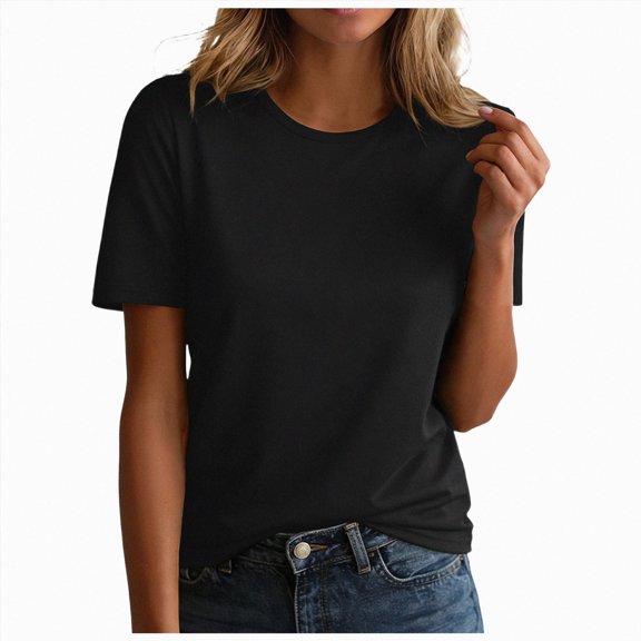 UOCUFY Womens Tops Summer Short Sleeve Ribbed Trim Crewneck T Shirts Spring Vacation Outfits Fashion Clothing Basic Tee (Black, S)