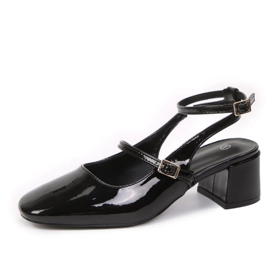 LuckLilac Women's Square Toe Slingbacks Mary Jane Pumps Patent Leather Chunky Low Heel Buckle Strap Heels sandals Wedding Party Dress Shoes