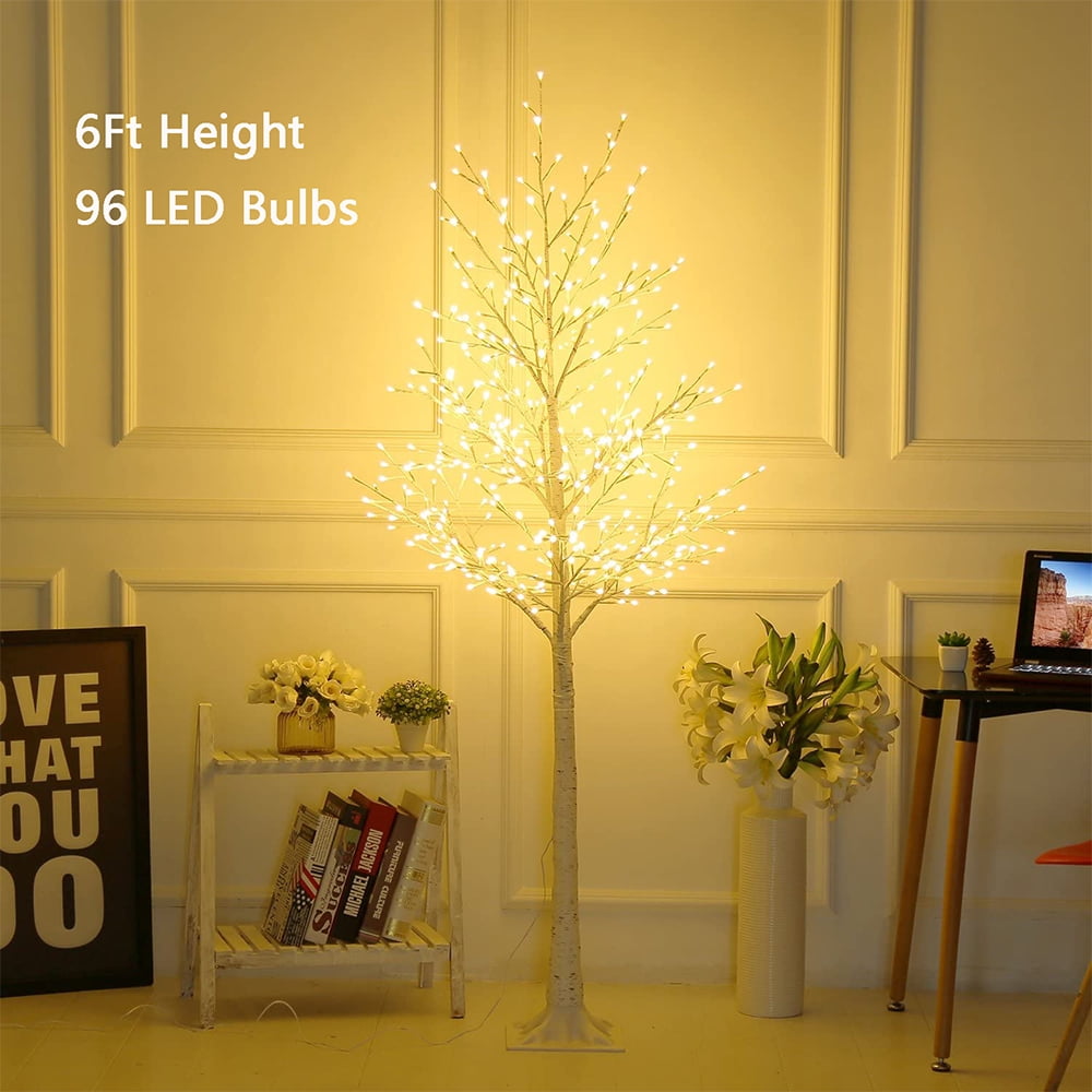 6Ft Birch Tree Lighted with 96 LEDs, White Christmas Tree Lights with