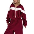 thumbnail image 3 of Conjunto Deportivo de Dos Piezas para Mujer: Sudadera con Cremallera, Pantalones de Chándal Anchos A Rayas en Contraste, Chándal de Viaje. Rojo XL, 3 of 10