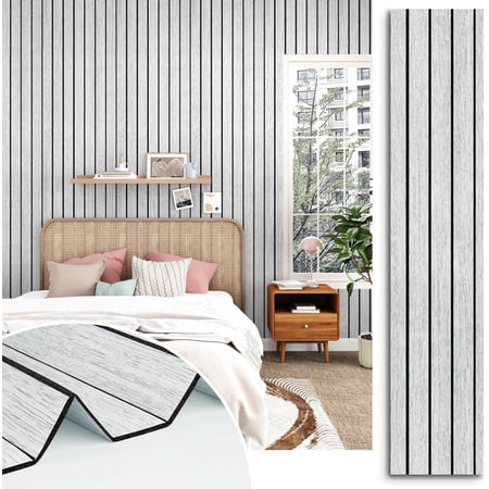 White/Grey Slat Panels for Interior Wall Decor Self Adhesive Textured Walls Paneling Soundproof Peel and Stick Wooden Slats Wall Panel for Bedroom Bathroom Living Room 120"x 23.6"