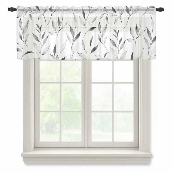 Gray Leaf Valance Curtains for Kitchen/Living Room/Bathroom/Bedroom Window,Rod Pocket Small Topper Half Short Window Curtains Voile Sheer Scarf,Modern Botanical Foliage Plant Country Pastoral 42"x18"