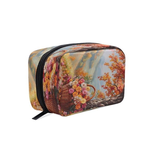 BZSMCE Makeup and Cosmetic Bag Women Simple Basket Of Flowers Pattern Square Cosmetic Bag