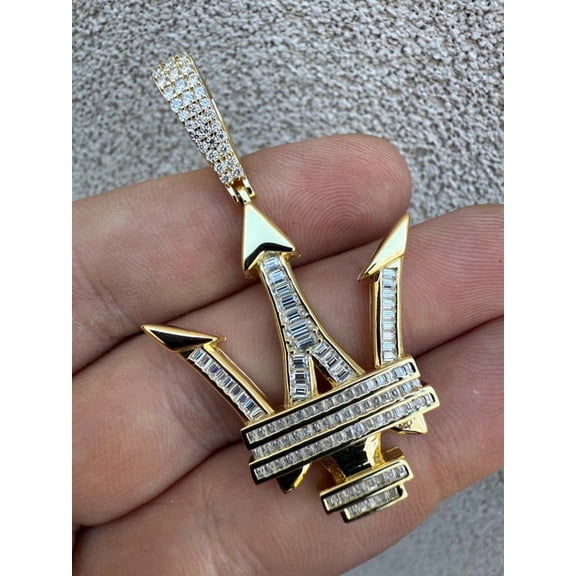 Aishvi Jewels 2Ct Baguette Cut Simulated Diamond Maserati Logo Trident Pendant 14K Yellow Gold Plated