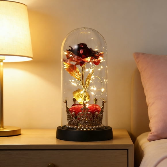 Sktrjpolfis Preserved Rose Glass Dome, LED Illuminated Night Light with Crown Decor, Romantic Home Decor Gift for Mother's Day