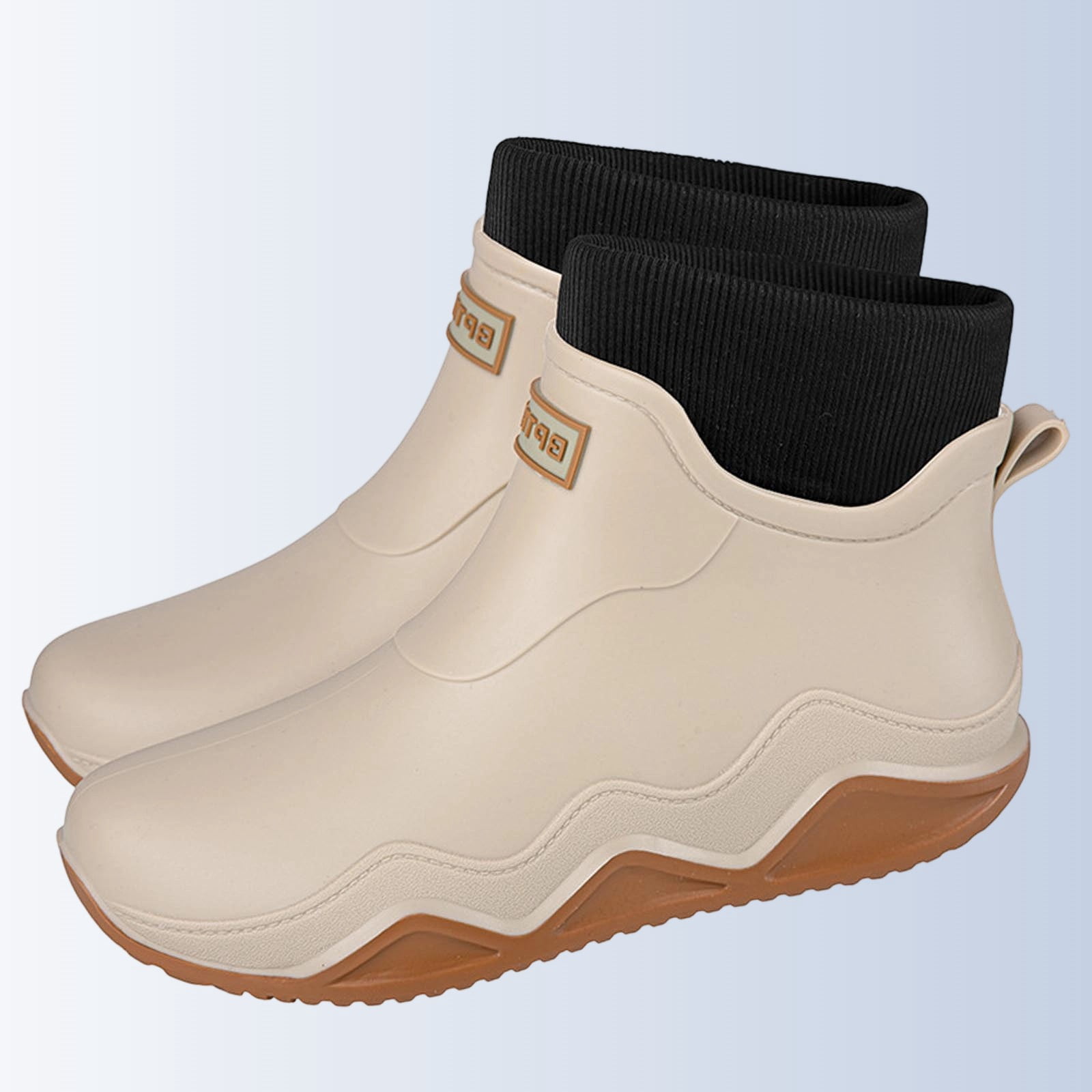 Beige Womens Rain Boots Water Shoes Low Top Rubber Sole Casual Outdoor Indoor Non Slip Shoes With Letter Design And Warm Lined For Cold Weather Size 40